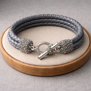Michael Dawkins Triple Rope Gray Leather Sterling Toggle Bracelet 7" EUC #524